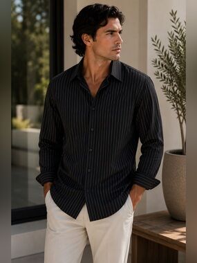 Sz XXL Report Collection Black Striped Dress Shirt